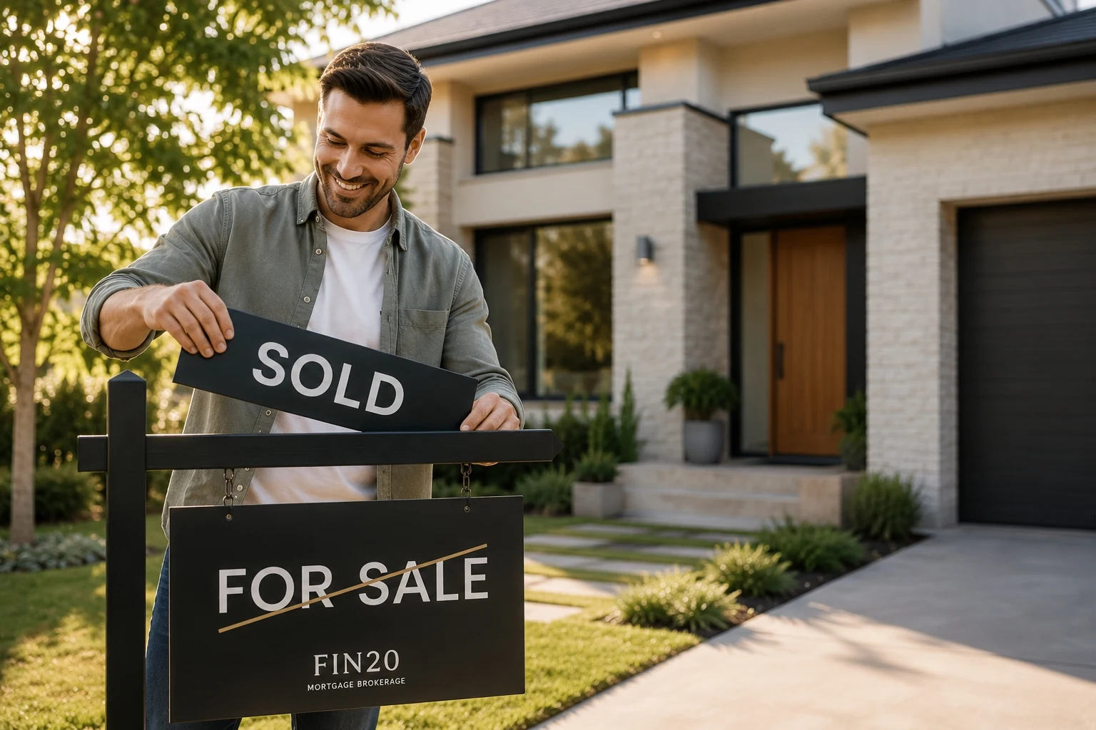 A new homeowner placing a SOLD sign over the fin2.0 Mortgage Brokerage for-sale board in front of a modern home