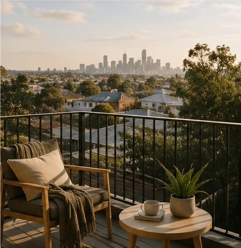 Suburban balcony with lounge seating overlooking a city skyline
