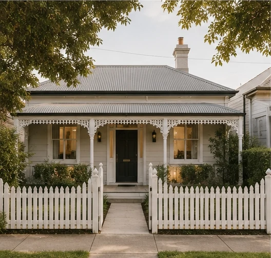 Heritage weatherboard cottage with white picket fence and verandah
