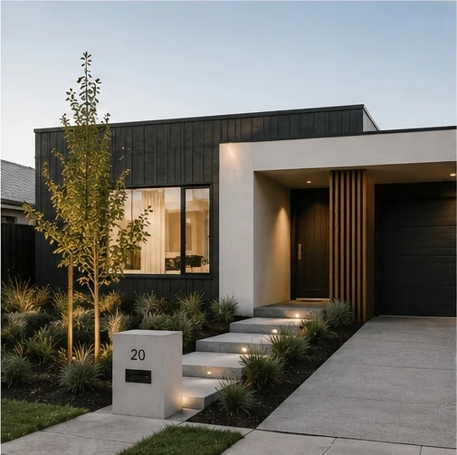 Architect-designed modern home with charcoal cladding and landscaped entry
