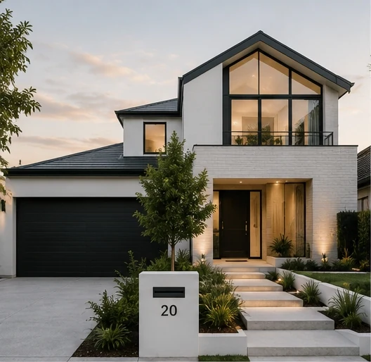 Modern family home with landscaped front garden and double garage
