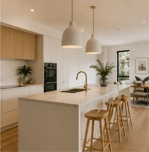 Contemporary open-plan kitchen with stone island and pendant lighting