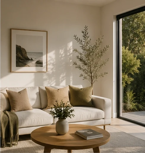 Light-filled living room with neutral tones and large sliding doors